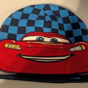 Kids Blue Checkered Beanie with Red Race Car Patch